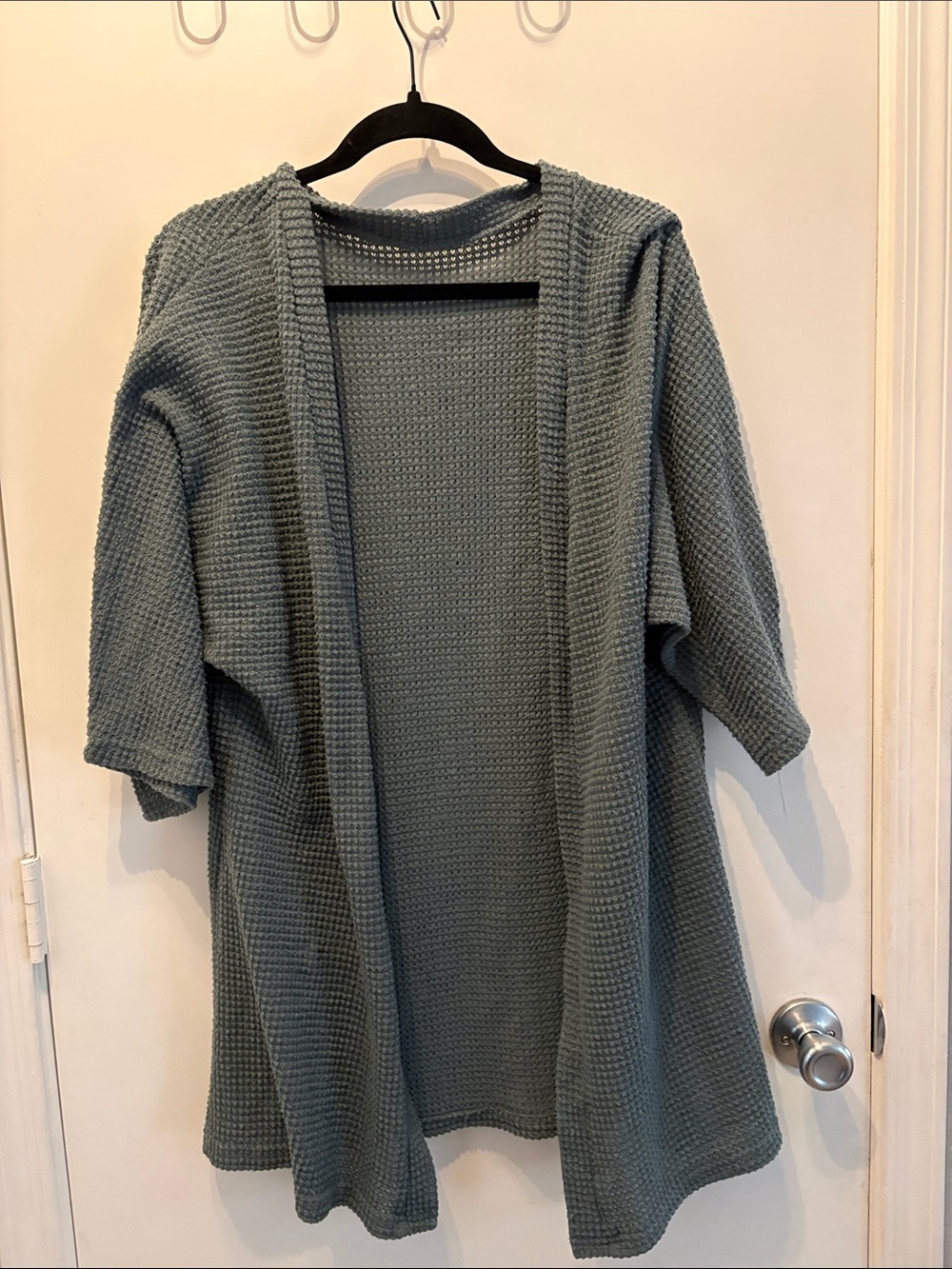 Open-Front Waffle Knit Cardigan in Sage Green Boho Grannycore Lagenlook Size 2XL